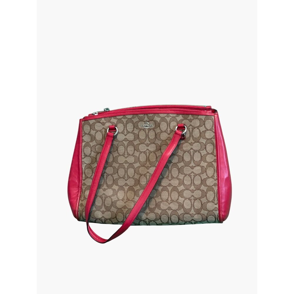 Coach Signature Canvas Tote Bag With Red Leather Trim & Multiple Compartments